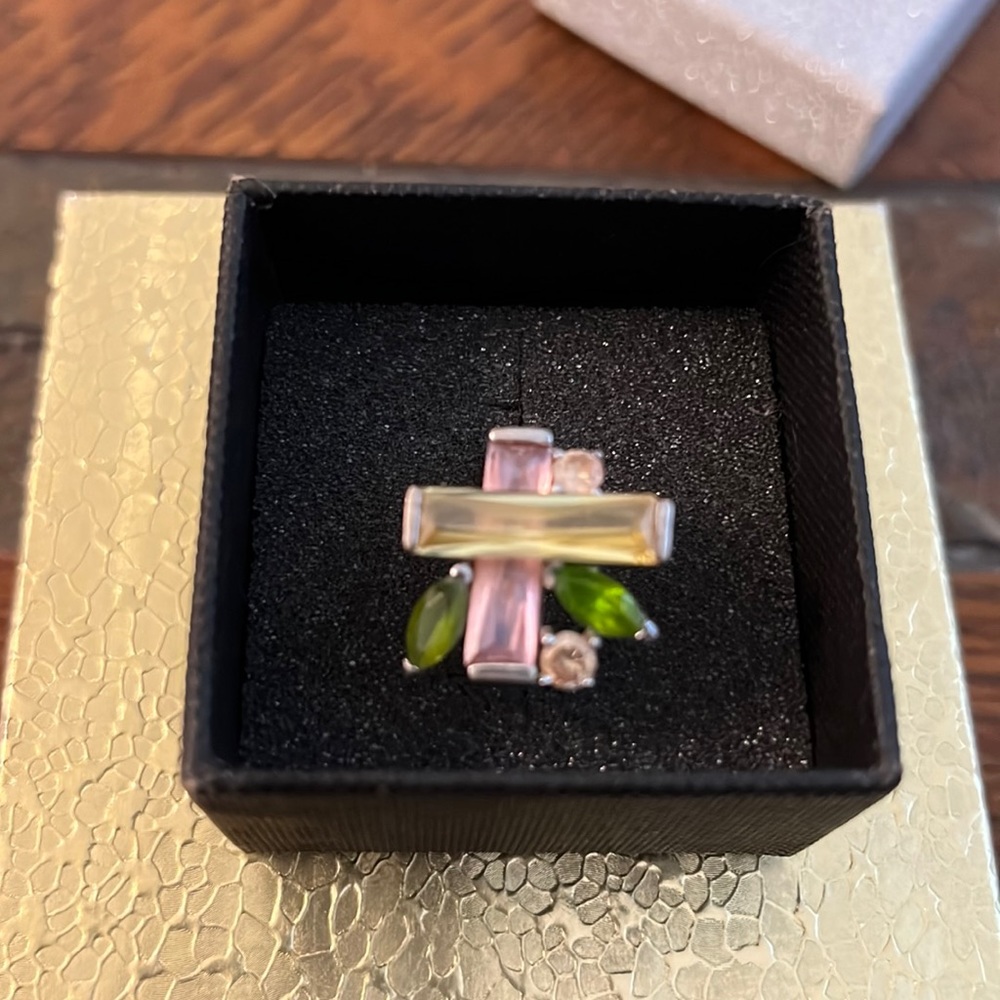 Heavy Colored Glass Ring set in .925 Sterling Silver Can be worn as a Cross